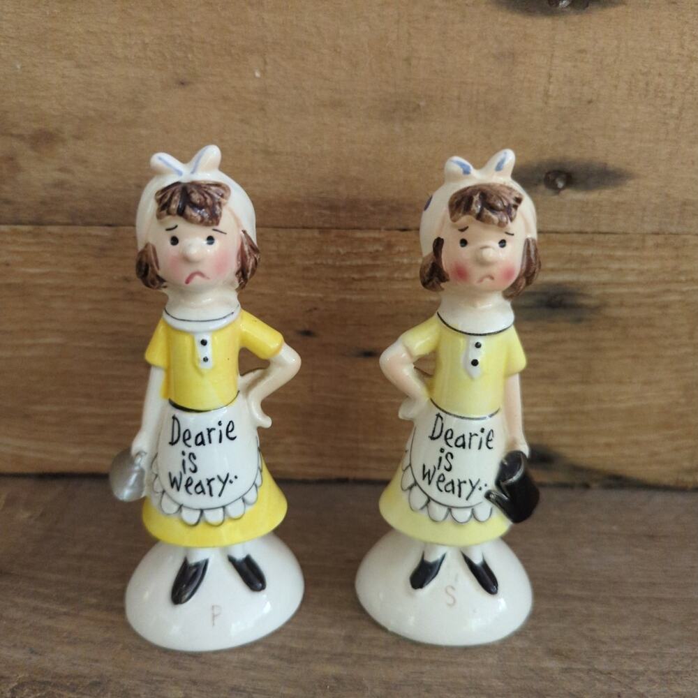 Vtg 1960s Dearie is Weary Salt and Pepper Shakers by Enesco Mid-Century Kitschy